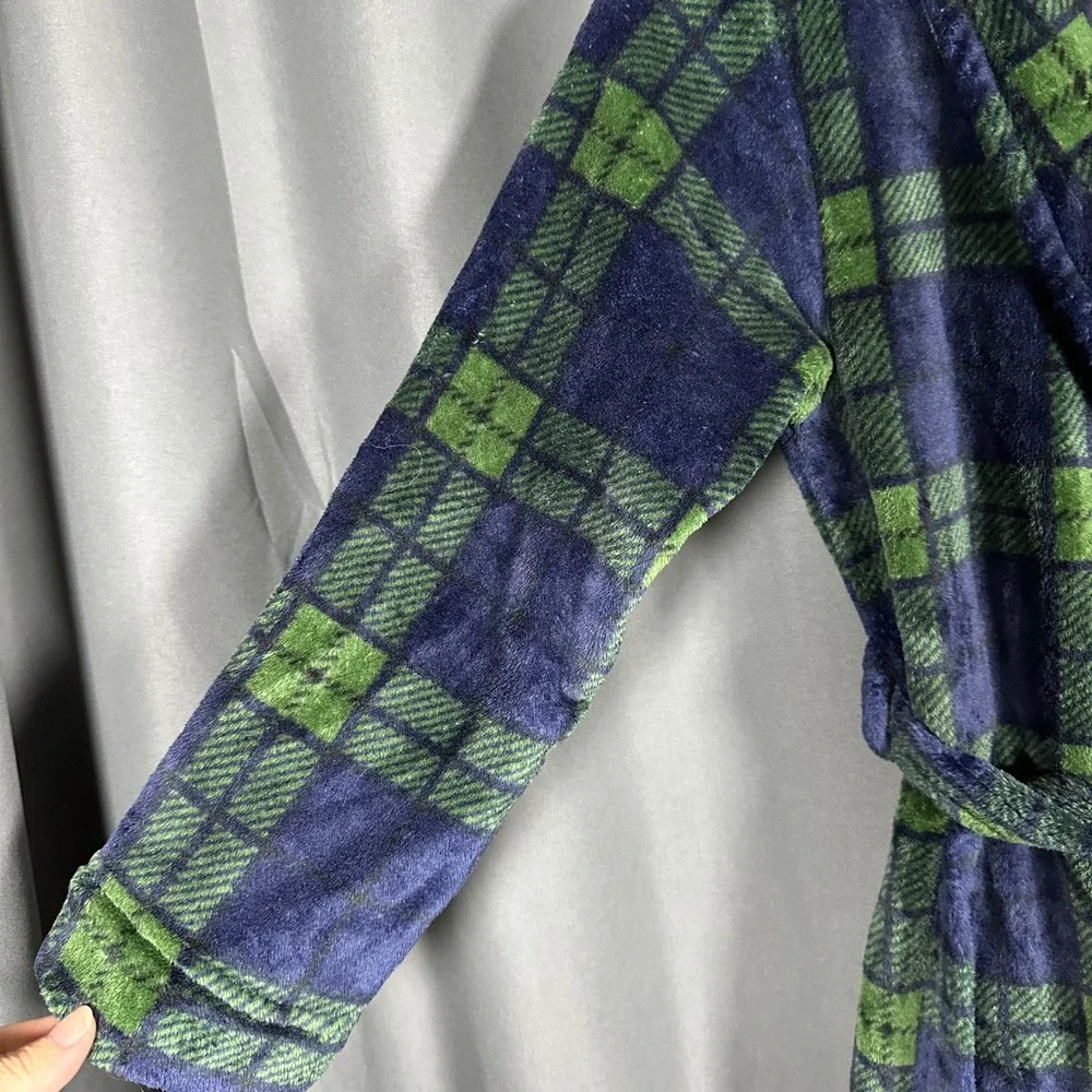 Cuddl‎ Duds Boys Medium 8 Navy Green Tartan Plaid Fleece Robe Warm Cozy Soft